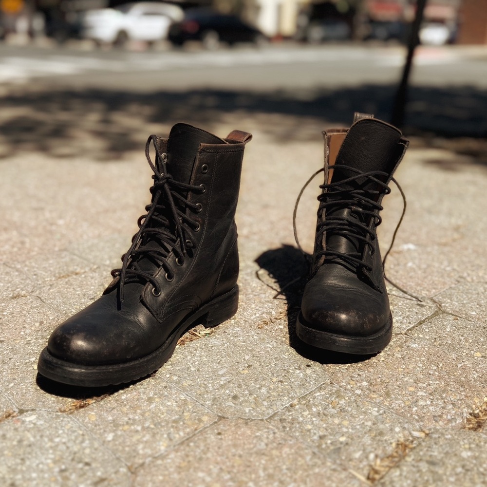 FRYE Black Leather Veronica Combat Boots
